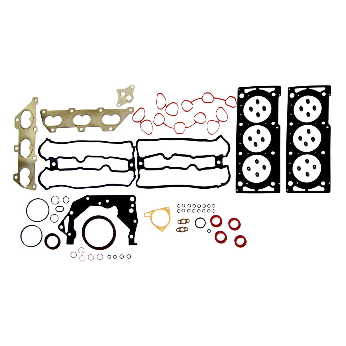 An assortment of engine gaskets and seals from the Partsology Engine Rebuild Kit, ideal for a 3.0L V6 DOHC or Saturn L300, is displayed on a plain white background. The kit includes head gaskets, intake gaskets, O-rings, and seals in various shapes and sizes—all neatly organized and available in black, red, and beige colors.
