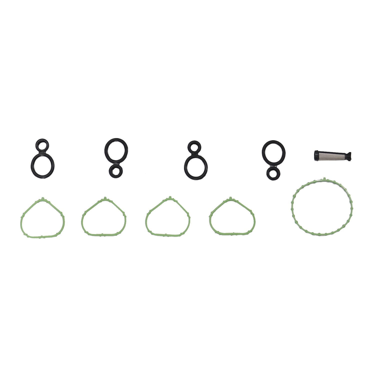 The image displays an assortment of black O-rings, a small pin, and green gaskets arranged neatly in rows. Resembling components from the partsology Cylinder Head Gasket Set for 2013-2022 Chrysler, Dodge, Fiat, Jeep, and Ram 2.4L models, the O-rings vary in size and are positioned at the top, while the green gaskets are below them. The small pin is on the right side of the arrangement.