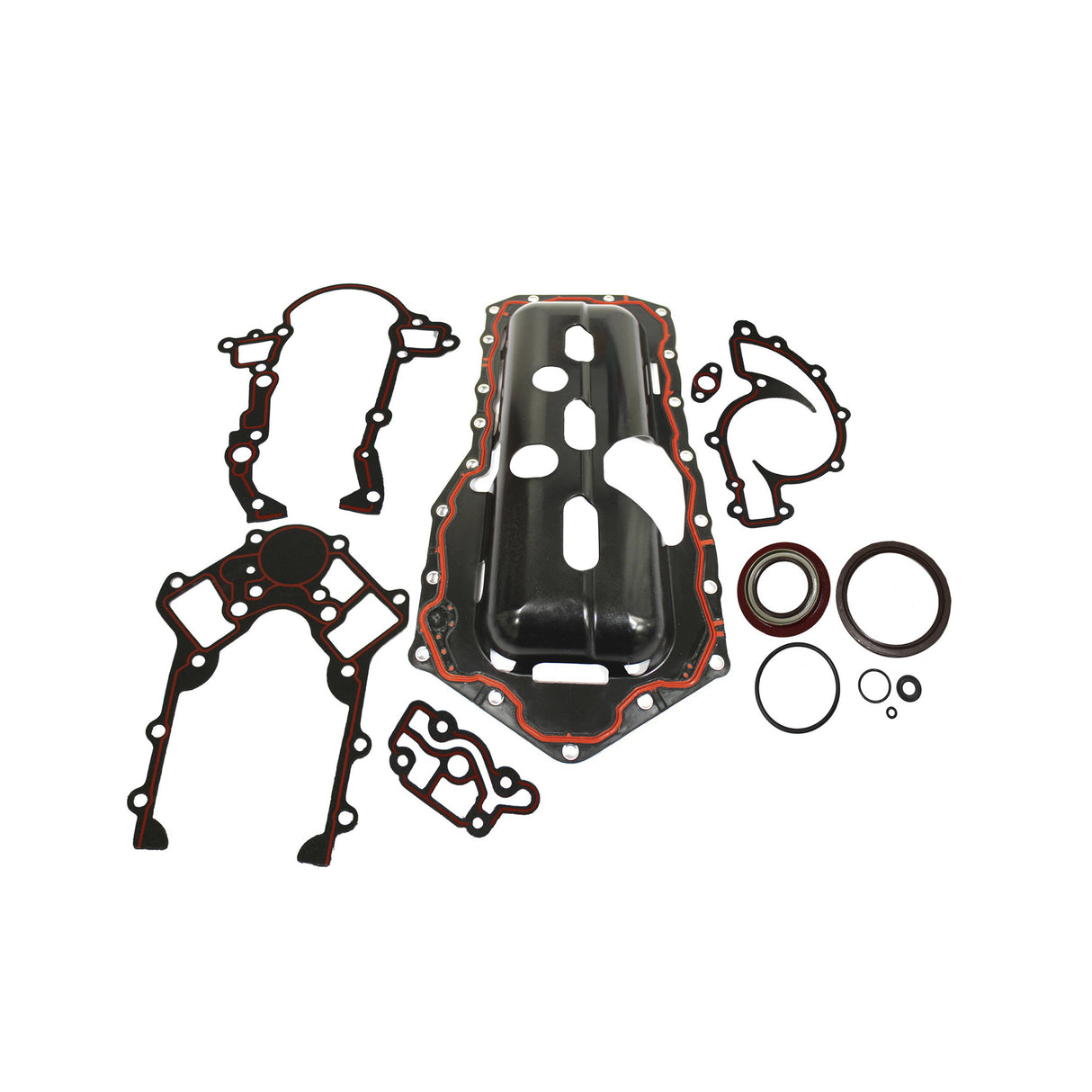 A Partsology Engine Rebuild Kit, featuring a set of black and red gaskets and seals perfect for a Pontiac Firebird, arranged on a white background. The components include various shapes and sizes of gaskets, O-rings, and a metal cover.