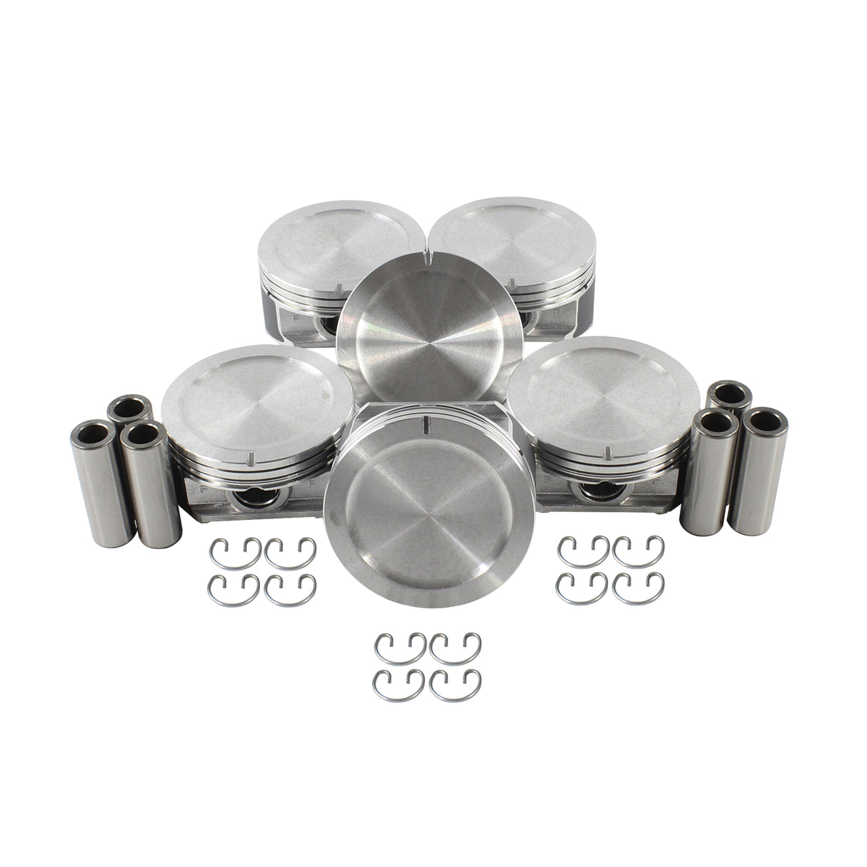 A set of five shiny, silver-colored pistons arranged in a fan-like pattern is reminiscent of the Partsology Engine Rebuild Kit, designed for performance cars like the Chevrolet Camaro or Pontiac Firebird. Each piston comes with a wrist pin and three circular clips, all neatly placed on a white background.