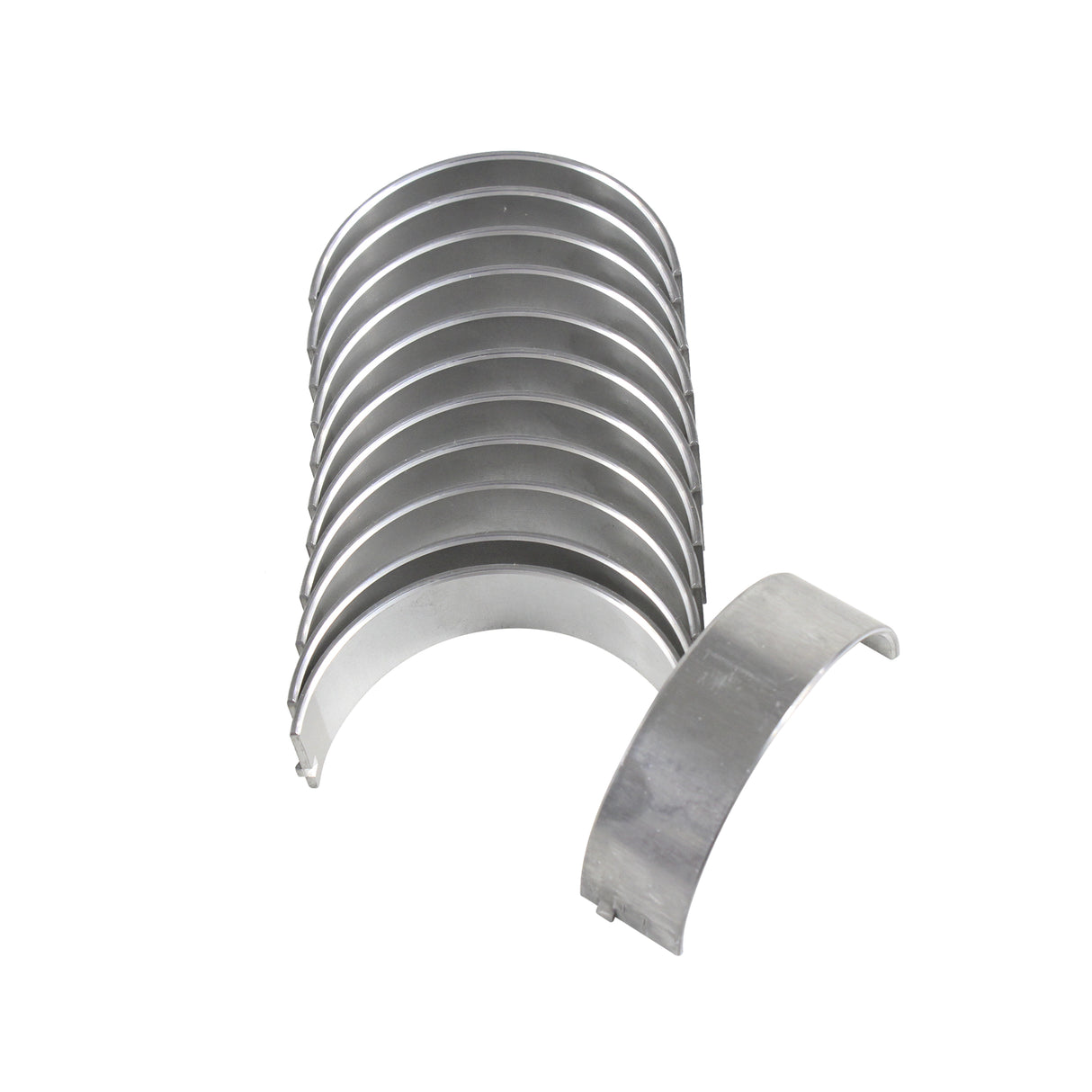 A stack of silver-colored, semi-circular metal bearings from the Partsology Engine Rebuild Kit is fanned out on a white background. One bearing is separated and placed in front of the stack, revealing its inner curvature.