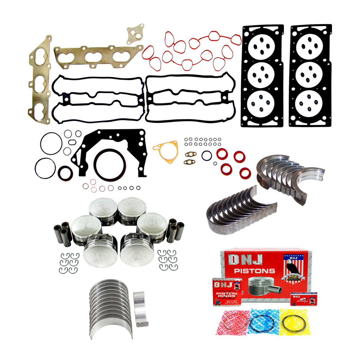 A selection of engine parts, such as gaskets, pistons, piston rings, bearings, and various seals for the Saturn L300 featuring a 3.0L V6 DOHC engine. The components are clearly displayed with a Partsology Engine Rebuild Kit box and several colorful packets visible in the lower right corner.