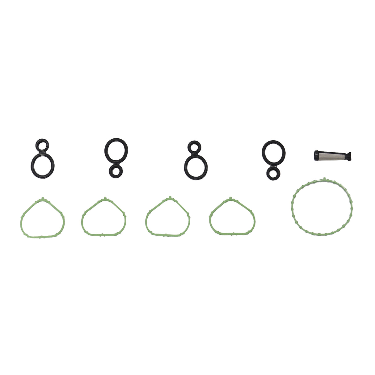 The image displays an assortment of black O-rings, a small pin, and green gaskets arranged neatly in rows. Resembling components from the partsology Cylinder Head Gasket Set for 2013-2022 Chrysler, Dodge, Fiat, Jeep, and Ram 2.4L models, the O-rings vary in size and are positioned at the top, while the green gaskets are below them. The small pin is on the right side of the arrangement.