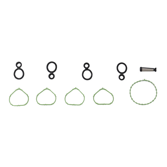 The image displays an assortment of black O-rings, a small pin, and green gaskets arranged neatly in rows. Resembling components from the partsology Cylinder Head Gasket Set for 2013-2022 Chrysler, Dodge, Fiat, Jeep, and Ram 2.4L models, the O-rings vary in size and are positioned at the top, while the green gaskets are below them. The small pin is on the right side of the arrangement.