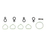 The image displays an assortment of black O-rings, a small pin, and green gaskets arranged neatly in rows. Resembling components from the partsology Cylinder Head Gasket Set for 2013-2022 Chrysler, Dodge, Fiat, Jeep, and Ram 2.4L models, the O-rings vary in size and are positioned at the top, while the green gaskets are below them. The small pin is on the right side of the arrangement.