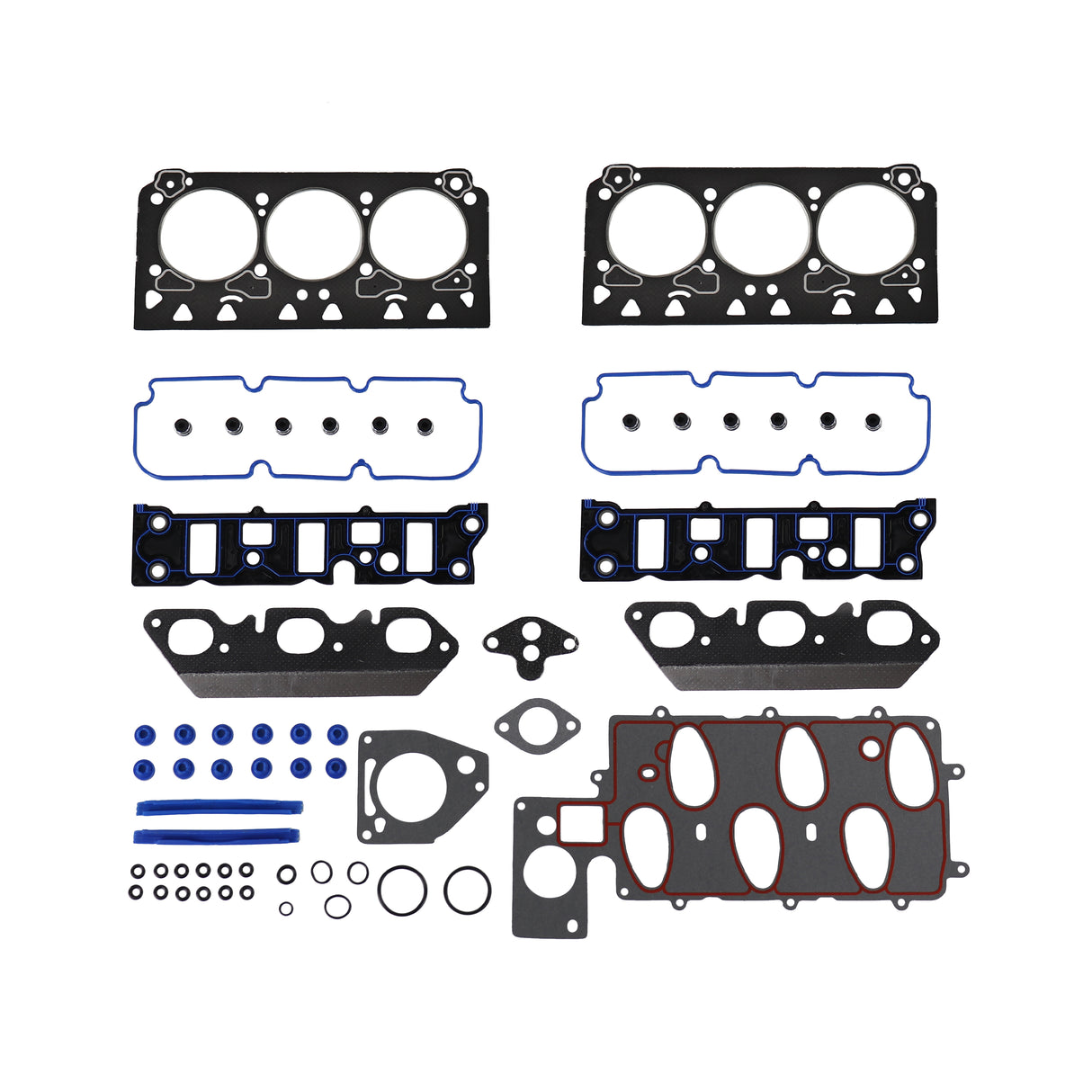 An array of car engine gaskets, similar to those included in the Partsology Engine Rebuild Kit, are neatly arranged on a white background. The components feature various black, blue, and orange gaskets along with an assortment of small O-rings in different shapes and sizes.