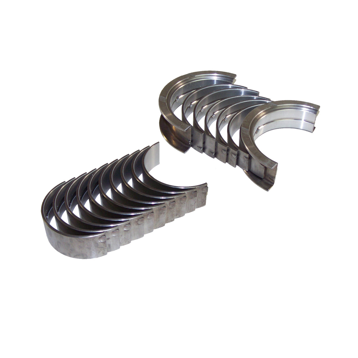 Two sets of metal engine bearings, part of the Partsology Engine Rebuild Kit for a 3.0L V6 DOHC, are arranged side by side on a white background. Each set consists of semi-circular bearing shells aligned in a slightly fanned-out manner, with one set positioned horizontally and the other vertically.