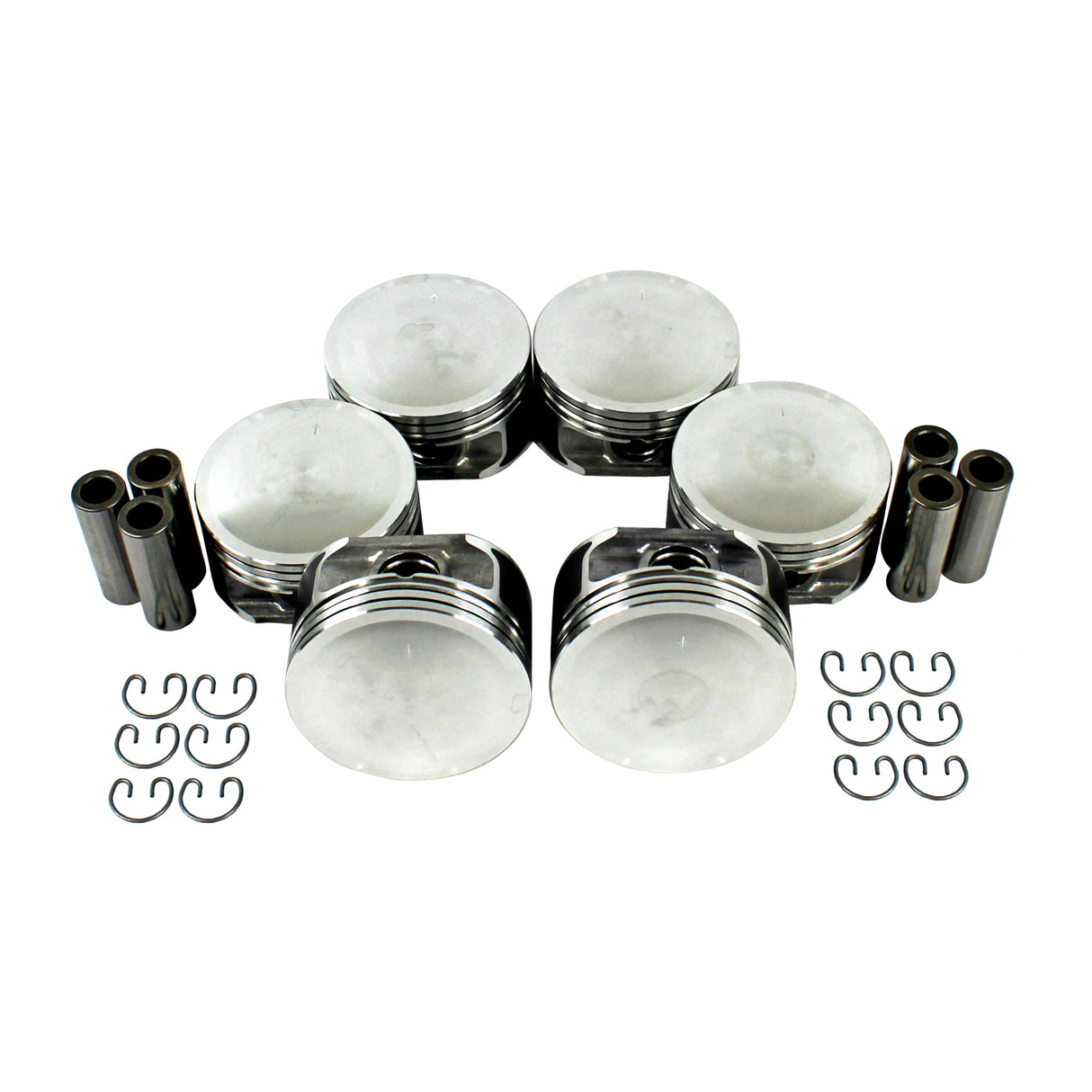 A set of six shiny metal pistons with white tops, included in the Partsology Engine Rebuild Kit for a 3.0L V6 DOHC Saturn L300, surrounded by associated components like six cylindrical pins and eight sets of C-clips, all arranged on a white background.